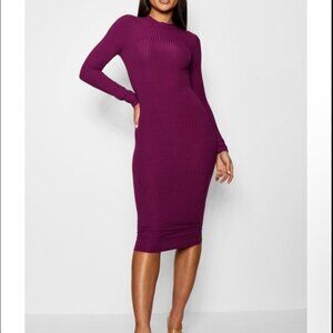 Boohoo NWT Ribbed High Neck Long Sleeve Bodycon Midi Dress in Black Plum 12